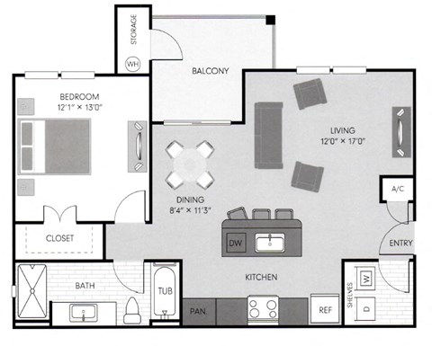 Floor plan for 1 bed, 1 bath, 806 sqft